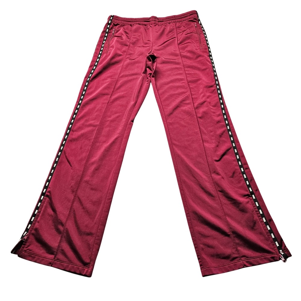 PINK Victoria's Secret Track Pants Womens M Burgundy Logo Tape Wide Leg Sporty
